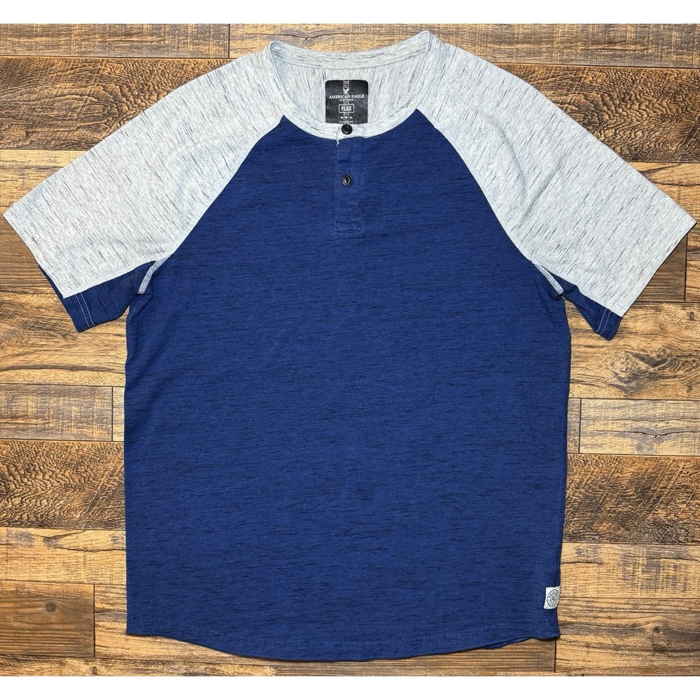 American Eagle Flex Henley Shirt Men's L‎ Blue Heather Short Sleeve Raglan